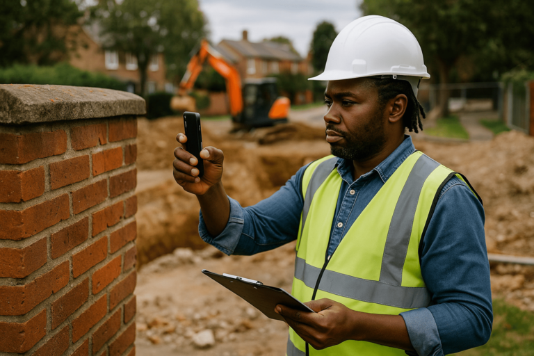 Structural engineer recording the pre-existing condition of a building before nearby construction begins