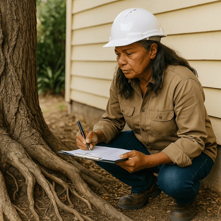 Tree roots spreading through dried clay soil beside a house footing, a common cause of foundation movement